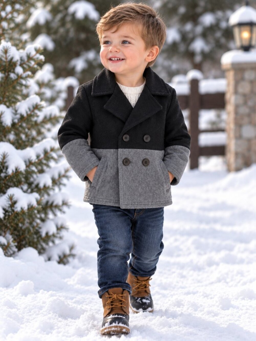 NWT OshKosh B’gosh Toddler Boy Pea Coat Black Gray Double Breasted Winter Jacket